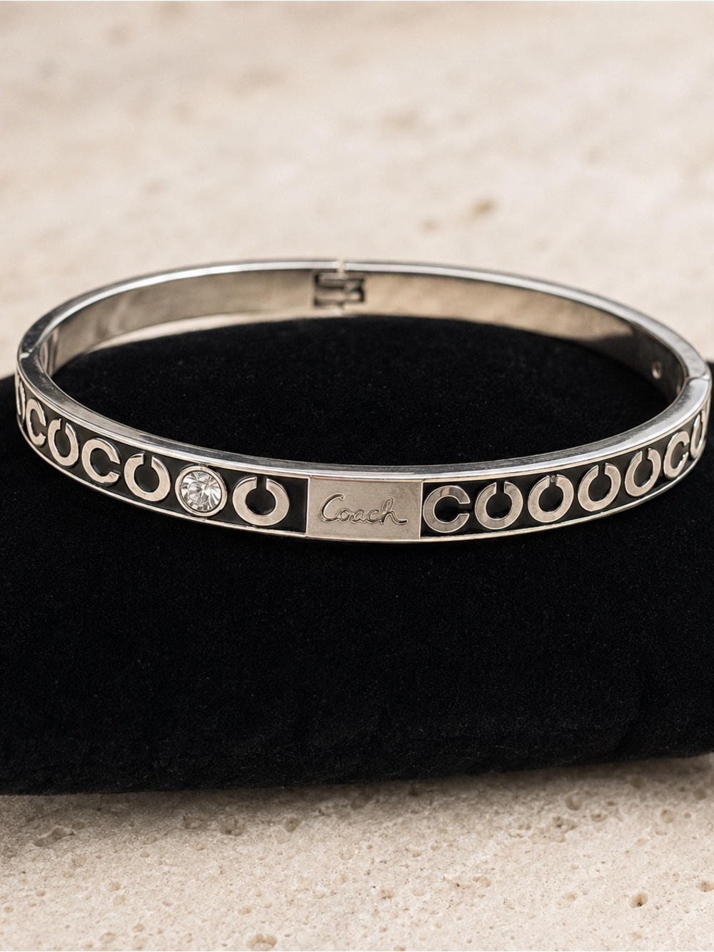 Authentic Coach Silver Black Enamel Signature C Crystal Bangle
